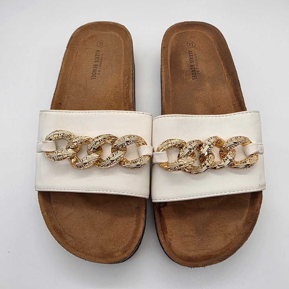 White Slide Sandals with Gold Chain Accent